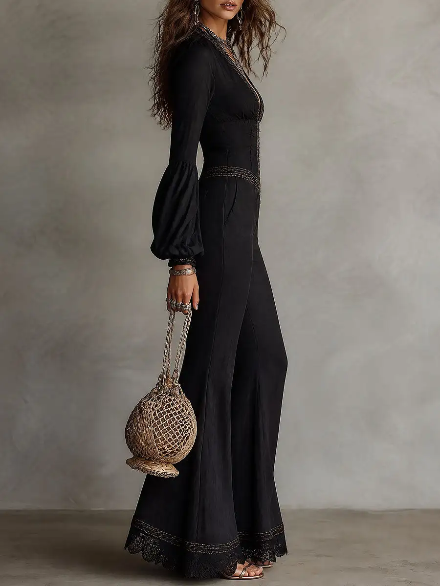 Boho Deep V-Neck Zip-Up Bell Sleeve Flared Jumpsuit