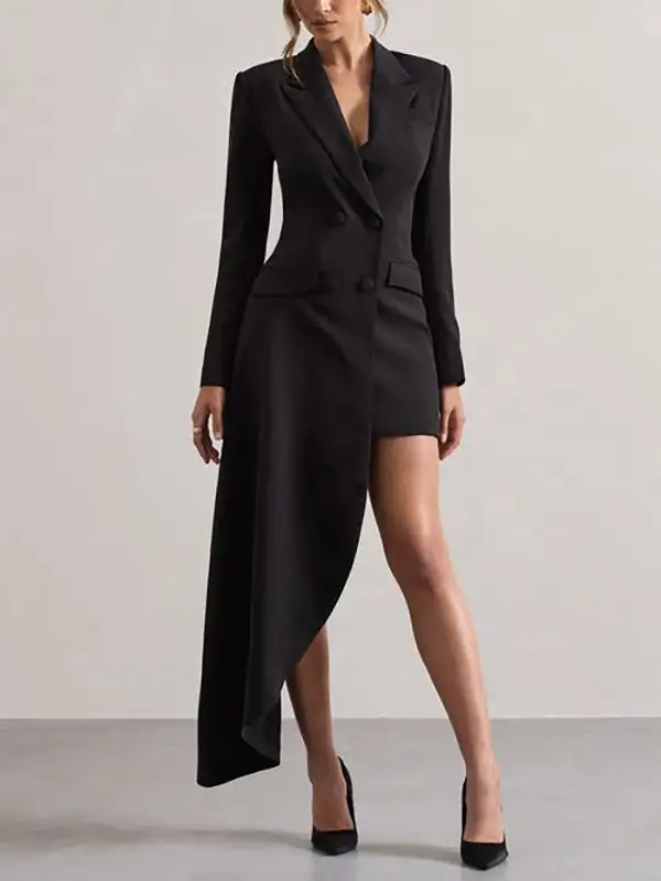 Long Sleeve Asymmetric Button Front Pocket Solid Color Blazer