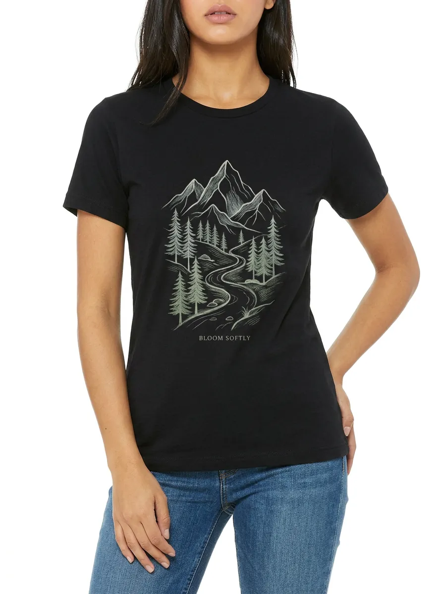 Women's Nature Lover Mountain Forest Bloom Softly Printed T-shirt