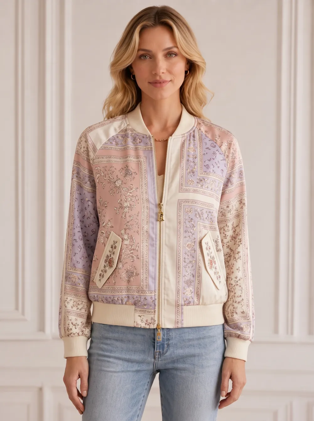 Women's Vintage Floral Patchwork Bomber Jacket