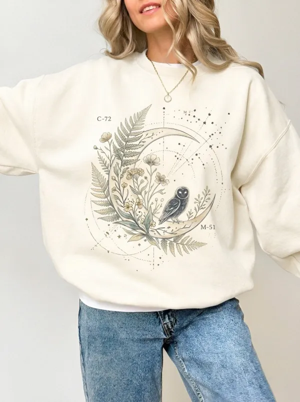 Women's Celestial Owl Floral Moon Printed Sweatshirt