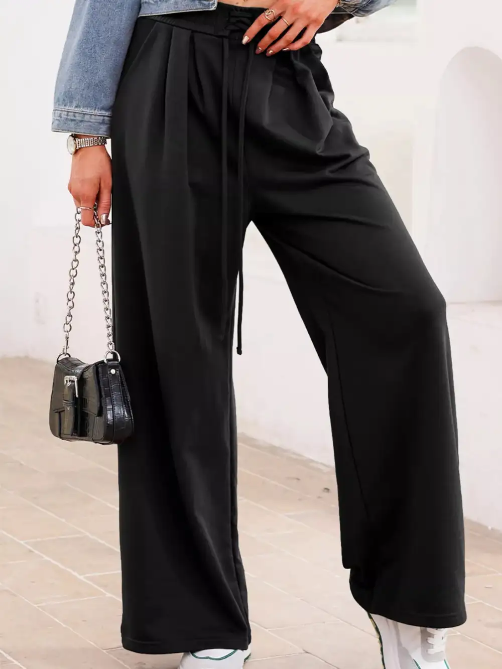 Sweat High Waist Tie Waist Pleated Pants