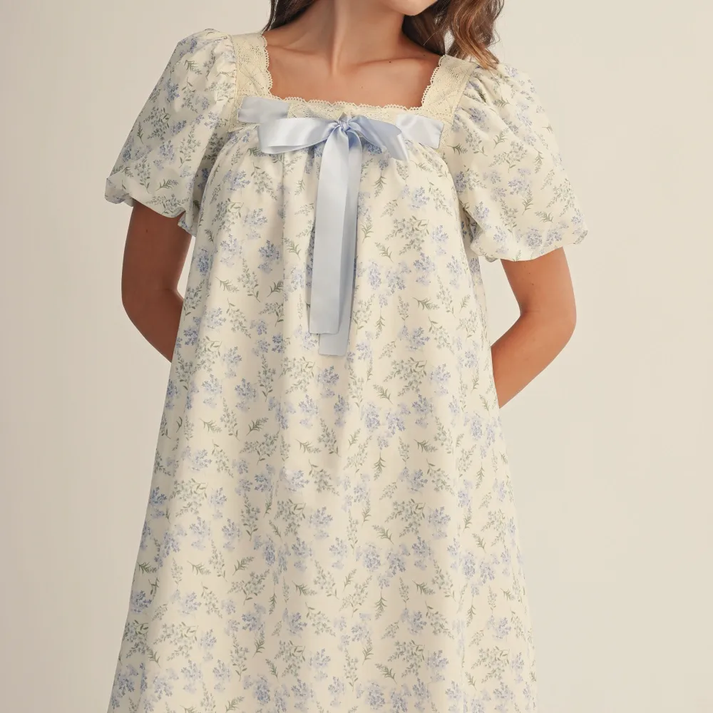 Floral Lace Detail Puff Sleeve Square Neck Dress
