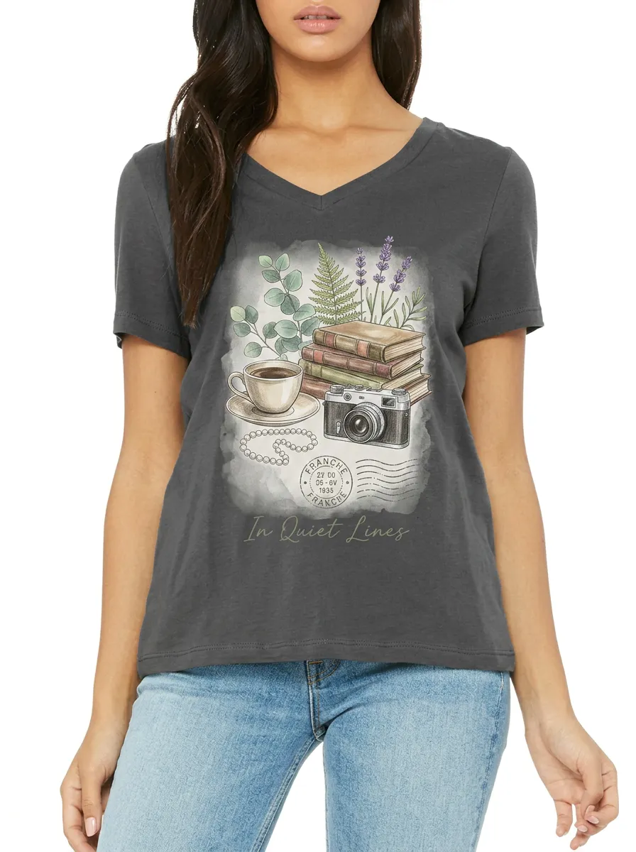 Women's Book Lover Coffee Camera Botanical Printed V-neck T-shirt