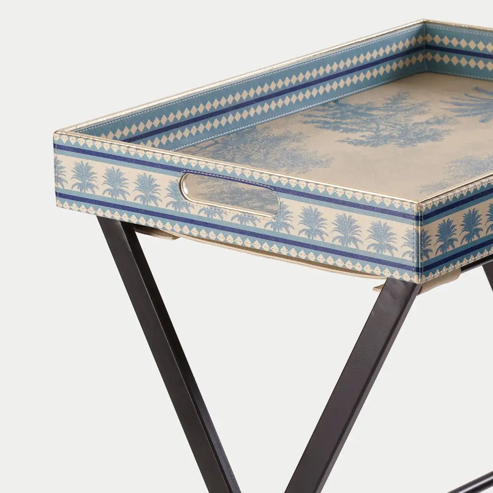 Blue Handled Faux Leather Serving Tray
