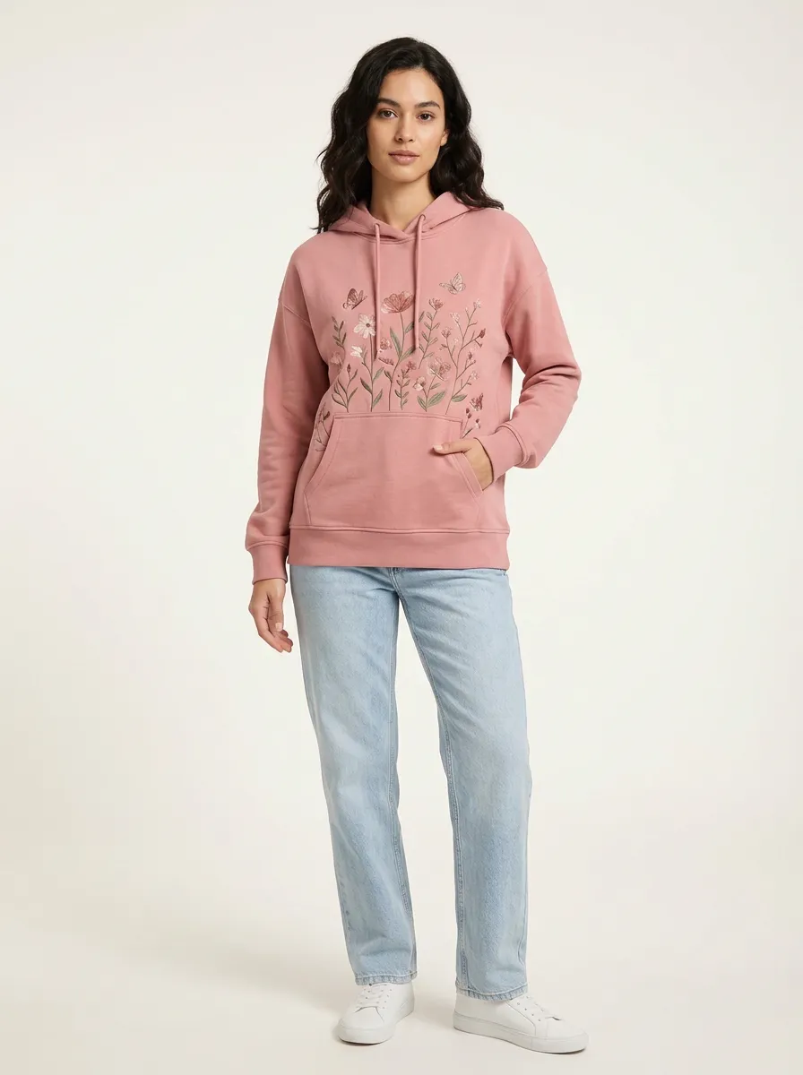 Women's Dusty Rose Floral Embroidered Denim Kangaroo Pocket Hoodie