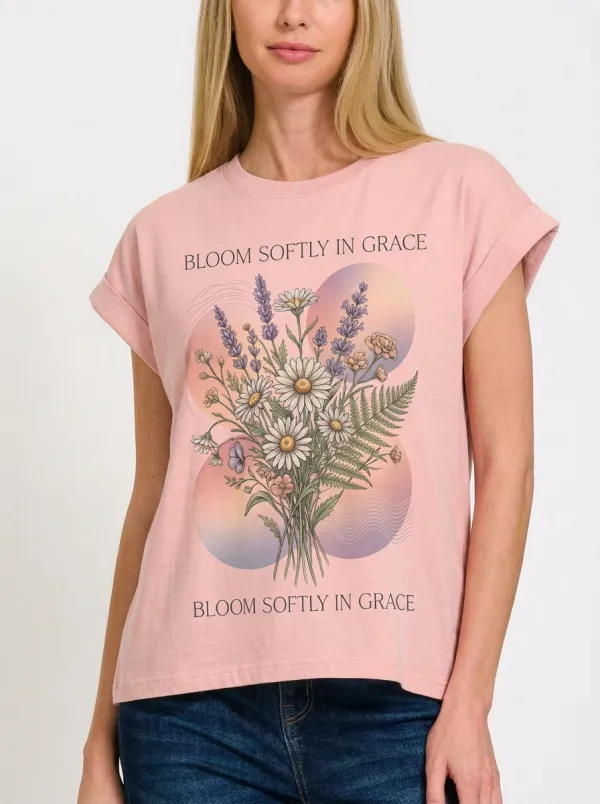 Women's Floral Quote Bloom Softly In Grace Printed T-shirt