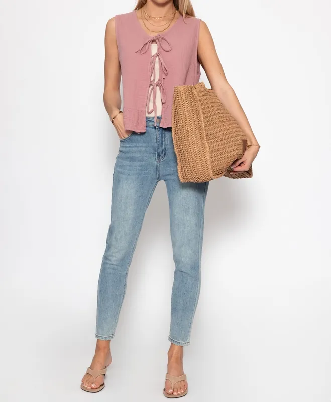 Pink Muslin Bow Closure Top