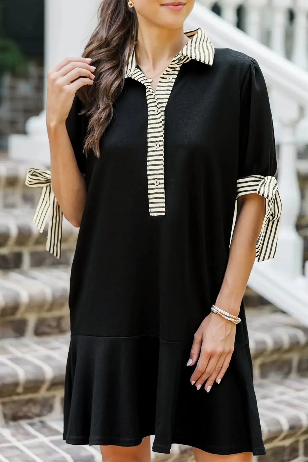 Stripe Detail Polo Collar Half Buttons Tied Short Sleeve Shift Mini Dress