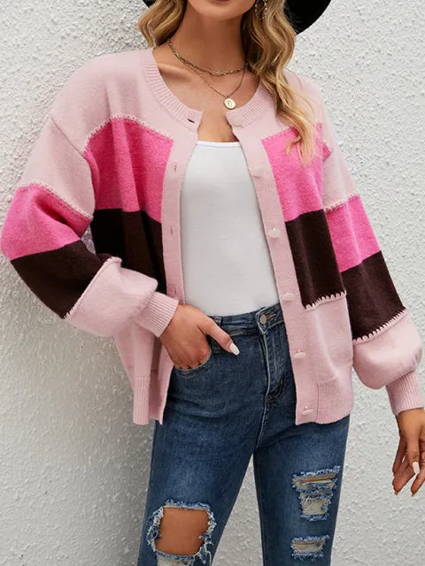 Round-Neck Long-Sleeve Drop-Shoulder Knit Cardigan