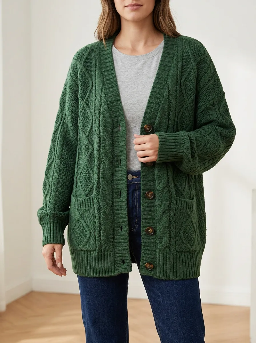 Women's Essential Layered Cable Knit Button Front V Neck Cardigan