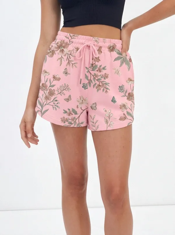 Women's Floral Botanical Butterfly Printed Drawstring Shorts