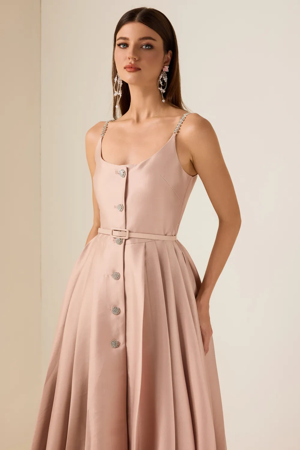 Solid Rhinestone Sleeveless Midi Dress With Belt