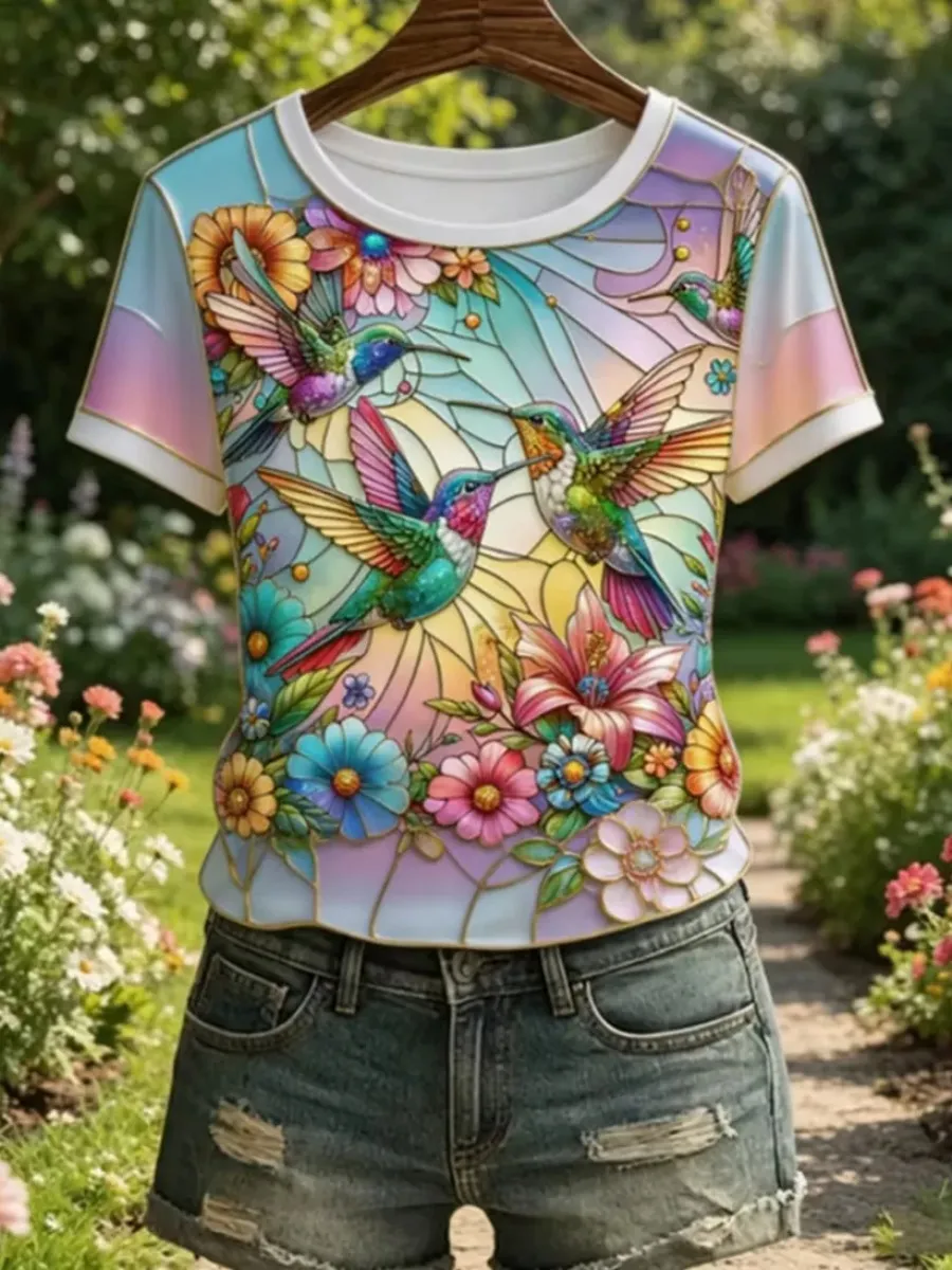 Women's Floral Hummingbird Print Casual T-Shirt