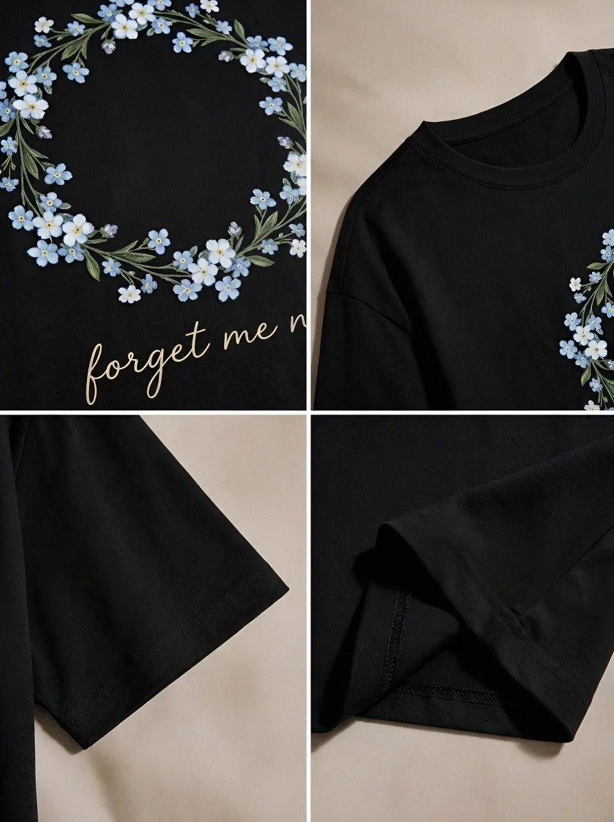 Women's Floral Lover Forget Me Not Wreath Printed T-shirt