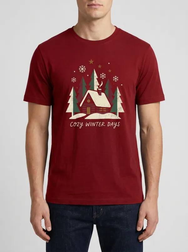 Men's Christmas Cozy Winter Cabin Printed T-Shirt