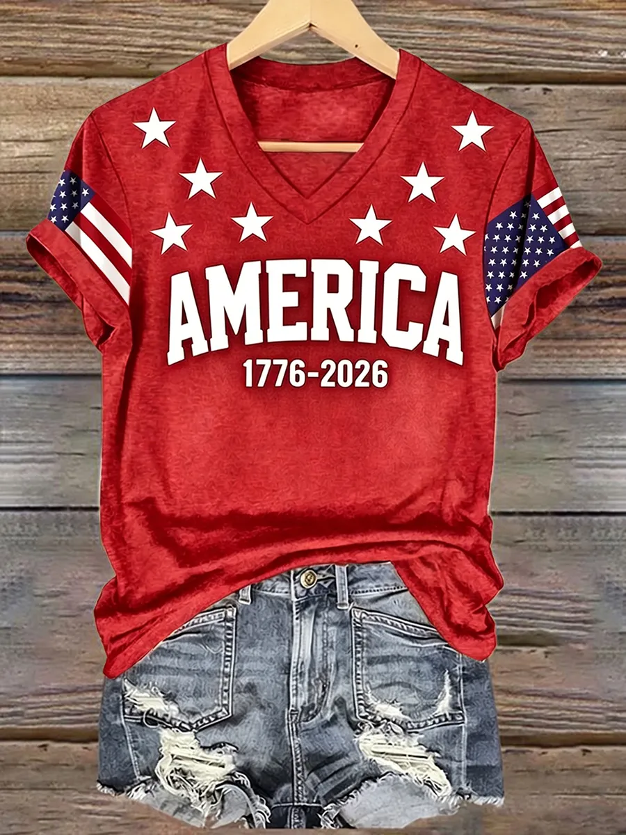 Women's 1776 Independence Day Flag Print Casual T-shirt