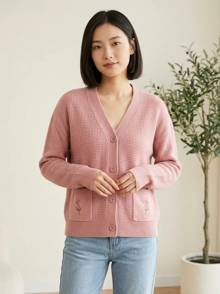 Women's Pink Floral Embroidered Waffle Knit Cardigan Top