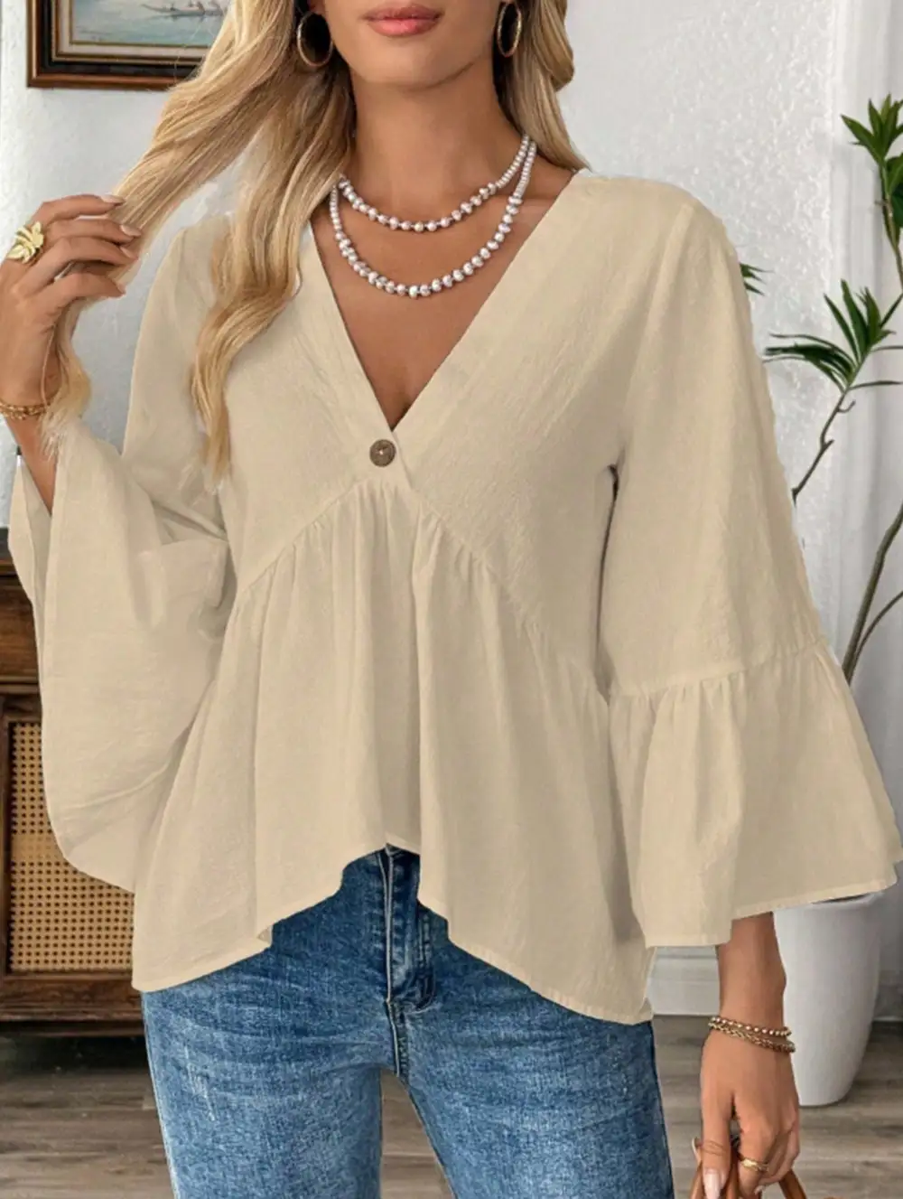 V Neck Ruffle Sleeve Cotton Blouse