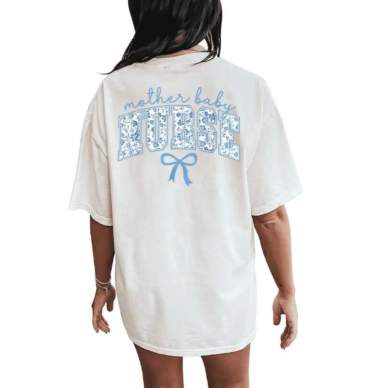 Mother Baby Nurse Coquette Blue Bow Postpartum Nurse Women's Oversized Comfort T-Shirt Back Print