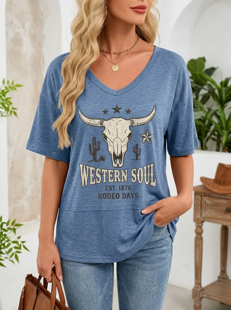 Cow Western Rodeo Soul V-Neck T-Shirt