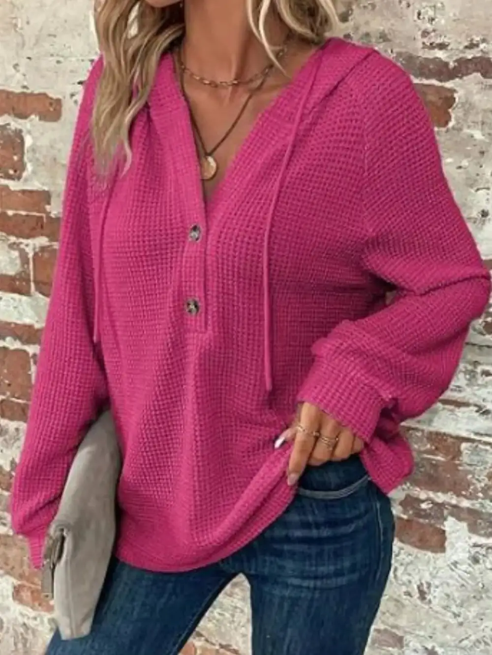 Drawstring Buttoned Pocketed Waffle-Textured Hoodie