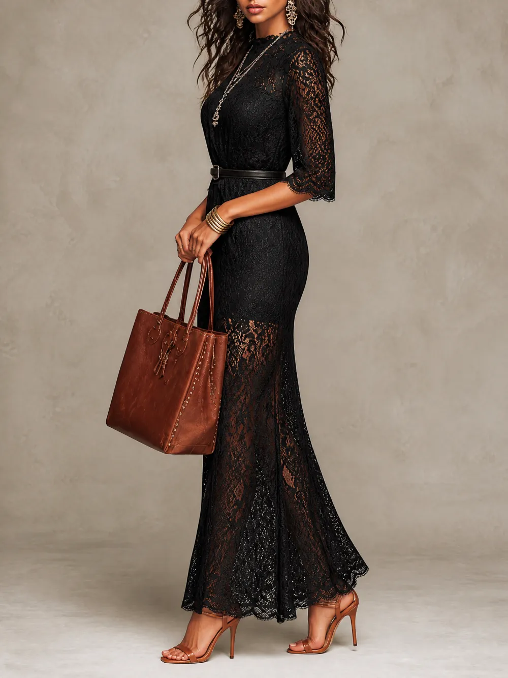 Boho Scalloped Neck Flutter Elbow Sleeve Black Floral Hollow Lace Maxi Dress