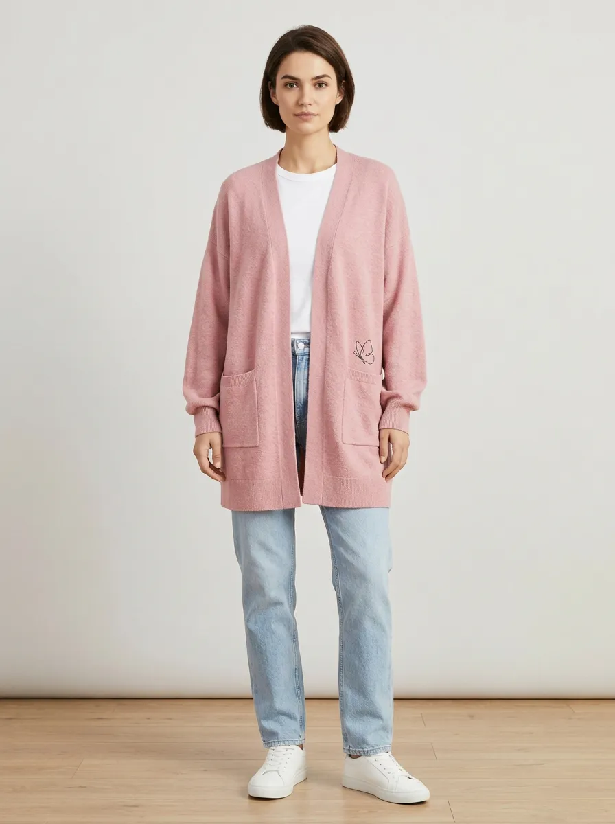 Pink Butterfly Minimalist Line Art Print Cardigan