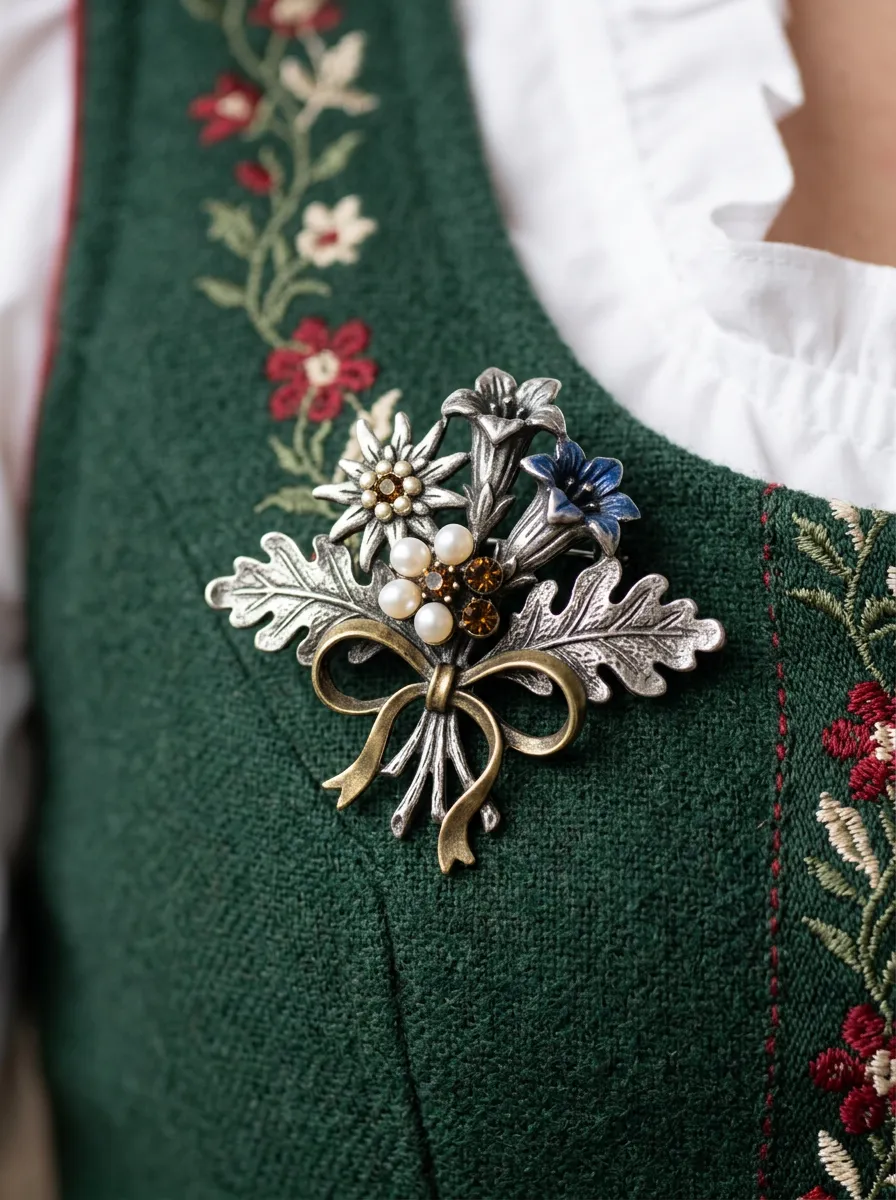 Edelweiss Floral Alpine Motif Bavarian Oktoberfest Brooch Pin