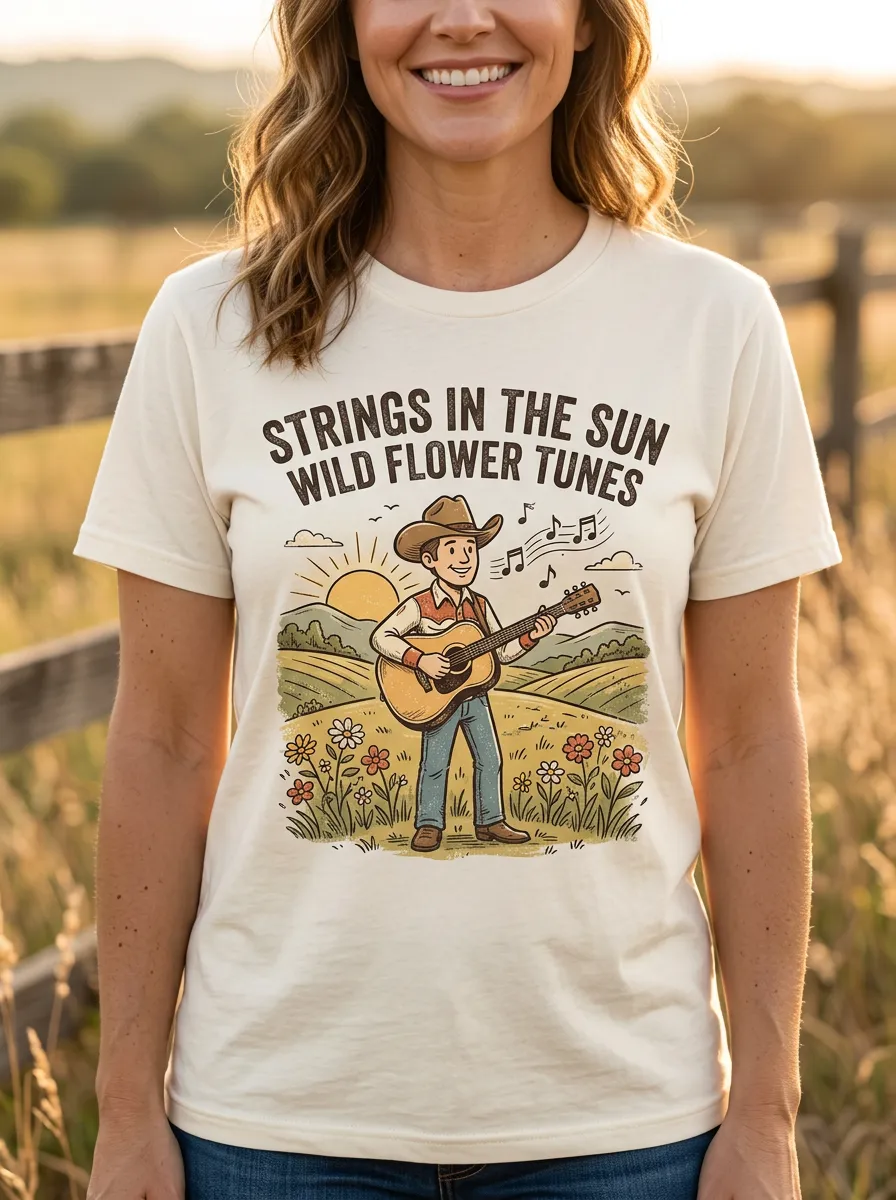 Country Music Cowboy Guitar Wildflower Crew Neck T-Shirt