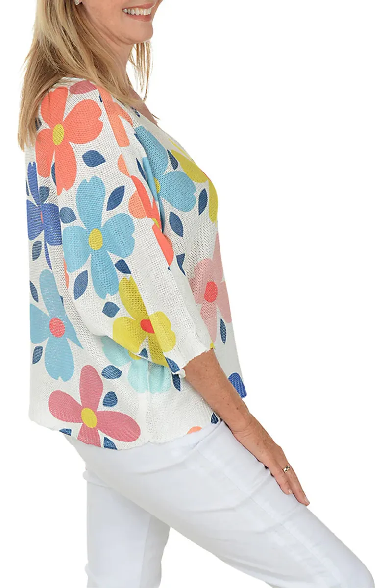 Flowers 3/4 Sleeve Lightweight Sweater