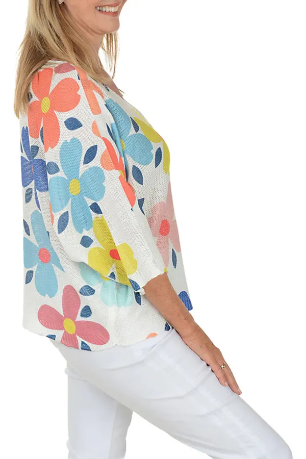Flowers 3/4 Sleeve Lightweight Sweater