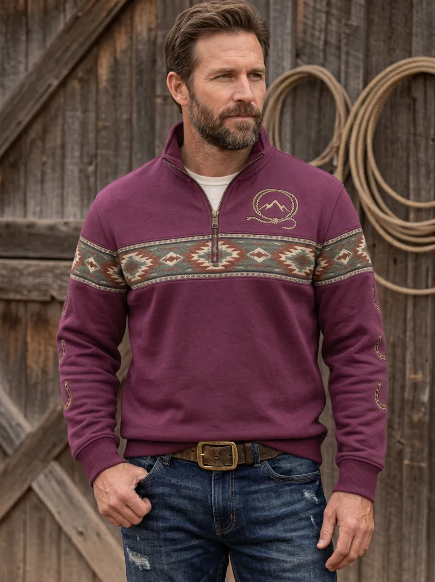 Men's Western Cowboy Mountain Rope Half-Zip Sweatshirt