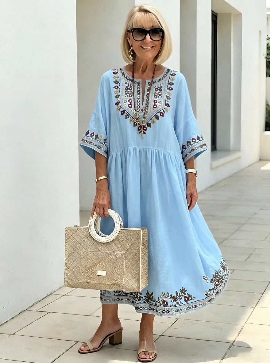 Women's Summer Vacation Boho Floral Embroidered Printed Dress
