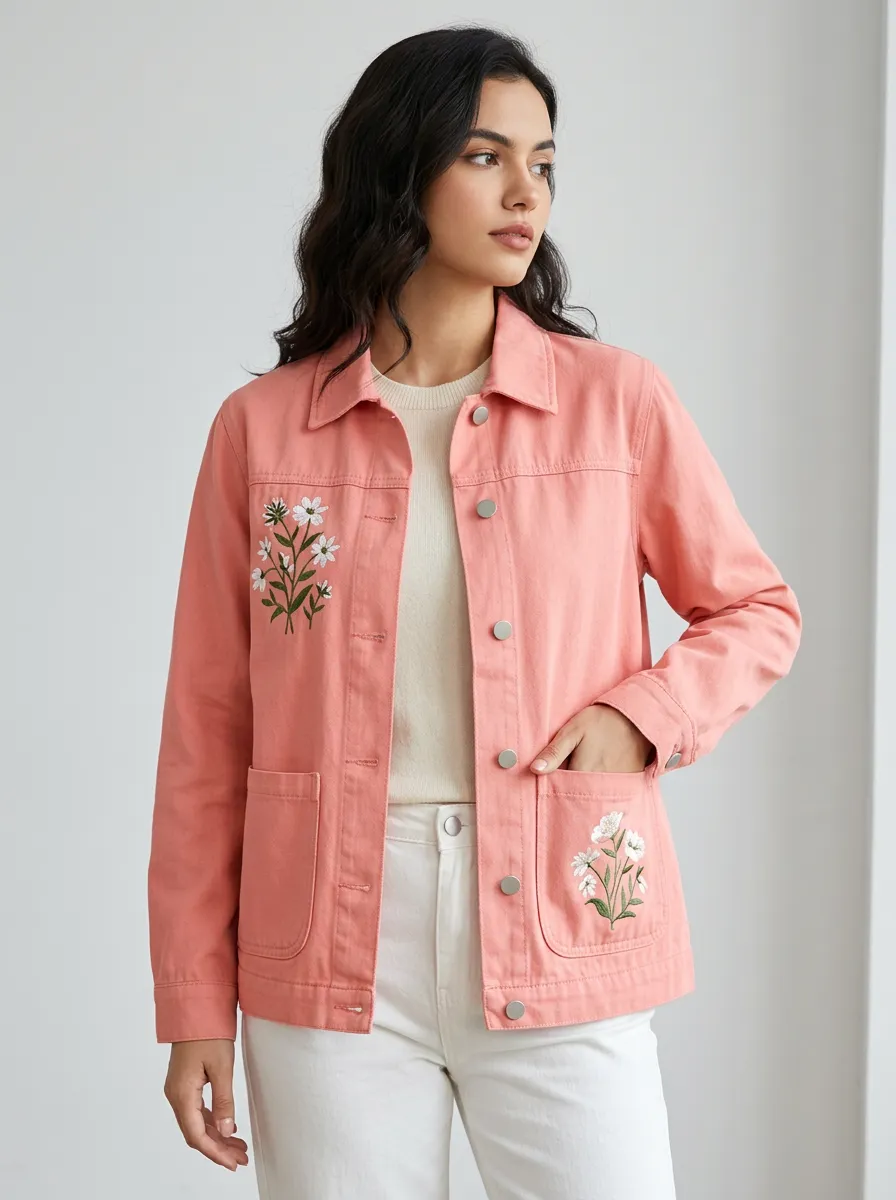 Women's Floral Lover Pink Embroidered Denim Jacket