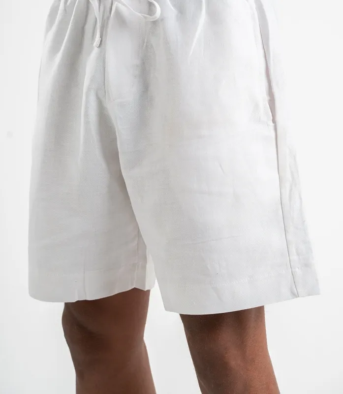 White Linen Blend Pull On Shorts