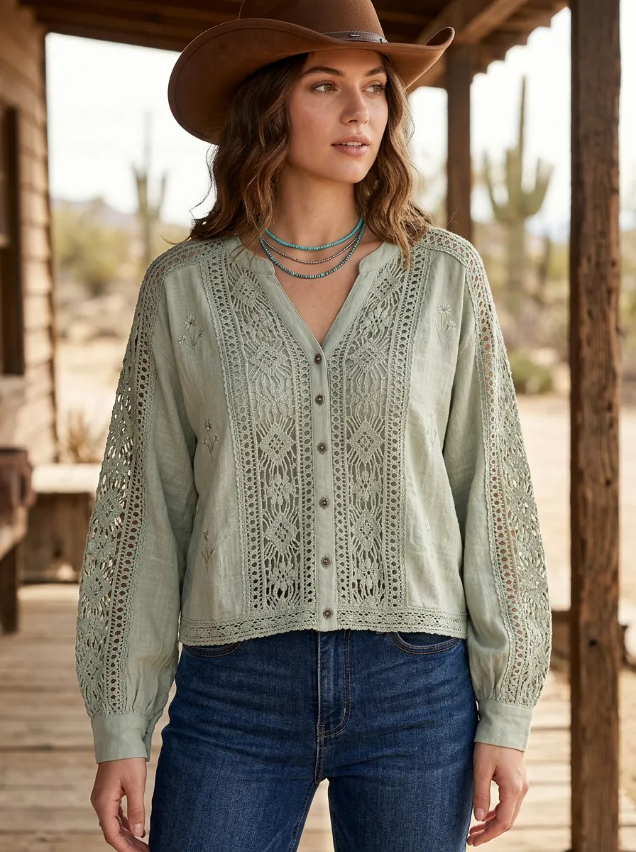 Women's Western B3 Floral Lace Crochet Button Down Top