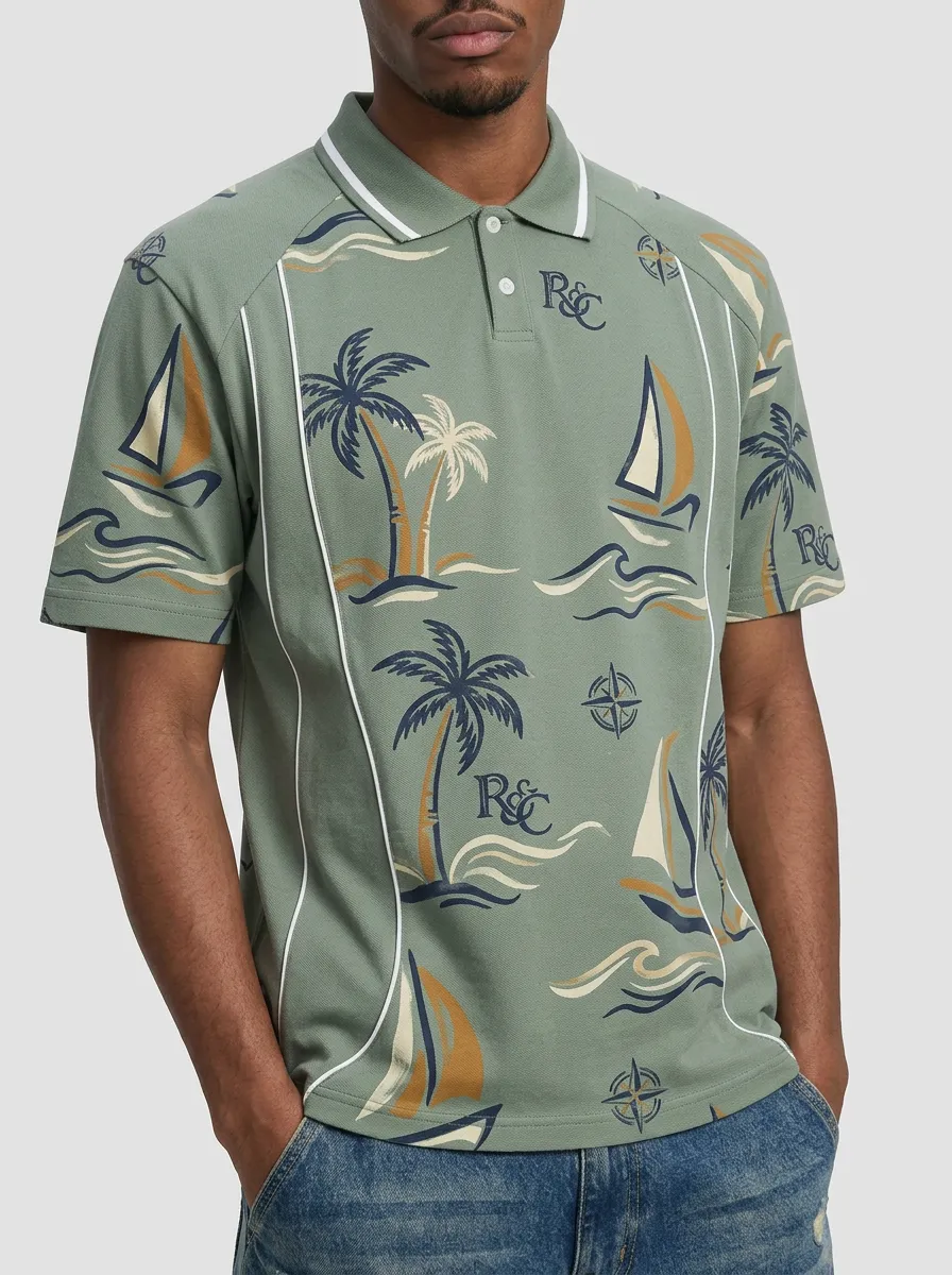 Men's Tropical Sailing Palm Tree Printed Polo Shirt