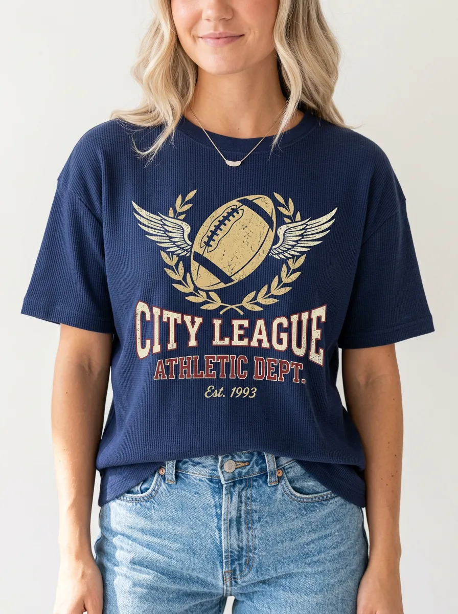 Women's Football Navy Waffle Knit Graphic T-Shirt