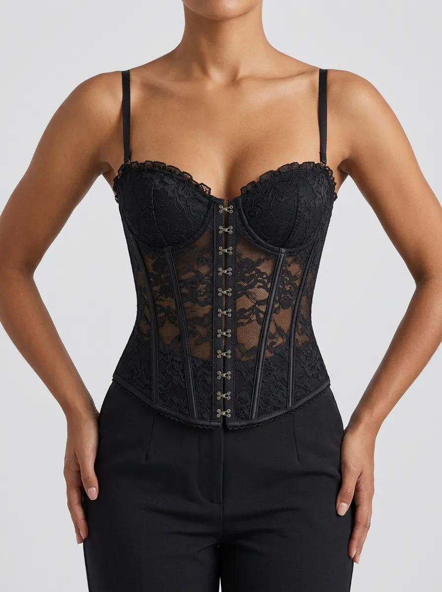 Floral Lace-Trim Gothic-Inspired Hook-Front Women's Corset Top