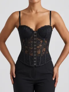 Floral Lace-Trim Gothic-Inspired Hook-Front Women's Corset Top