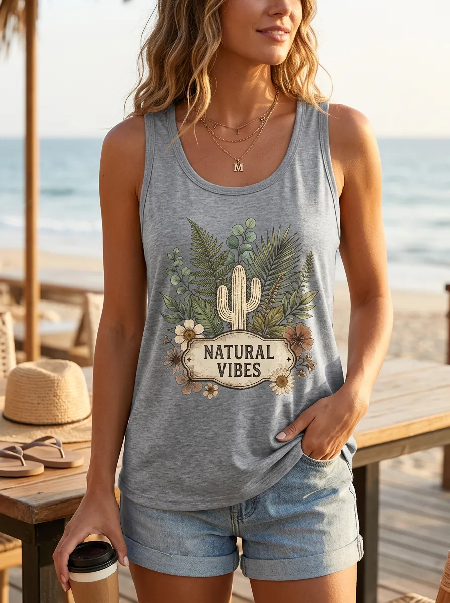 Women's Natural Vibes Cactus Floral Printed Tank Top