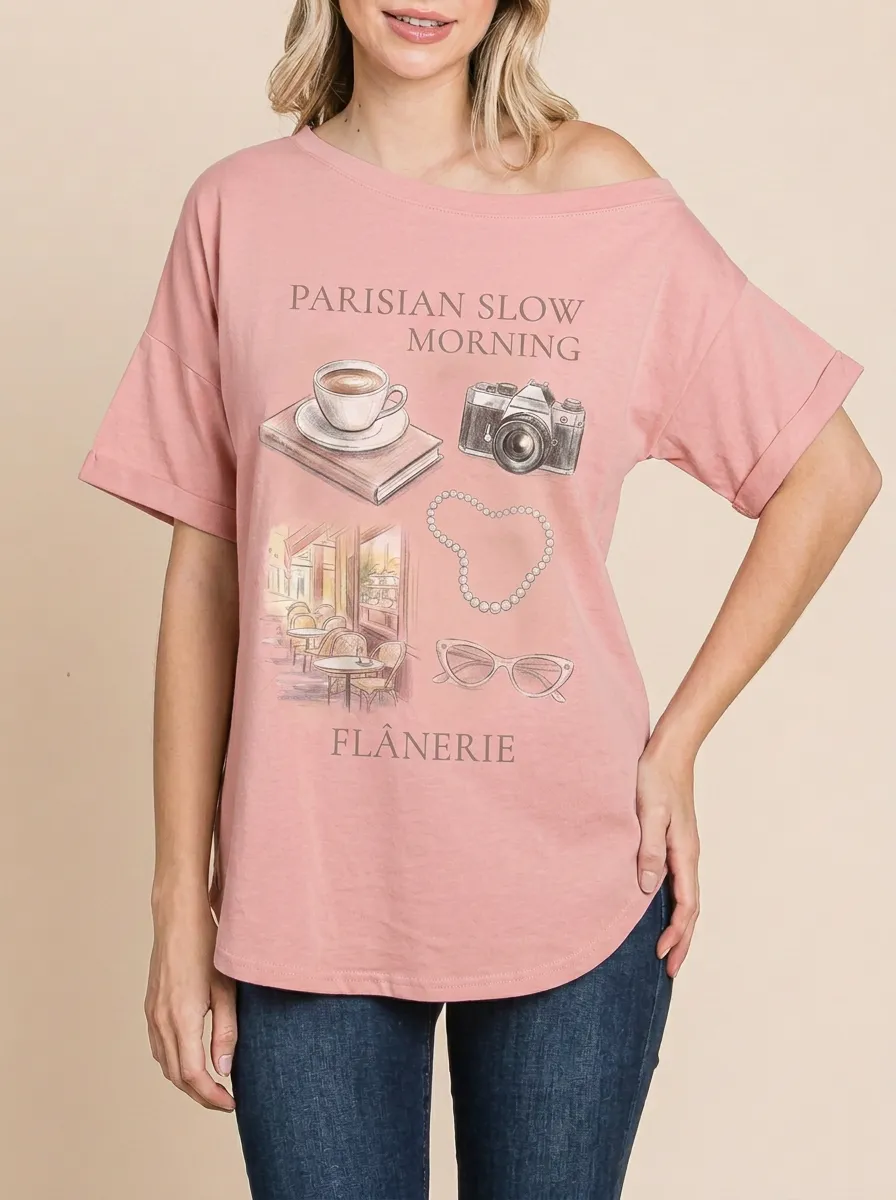 Women's Parisian Aesthetic Coffee Camera Pearl Printed T-shirt