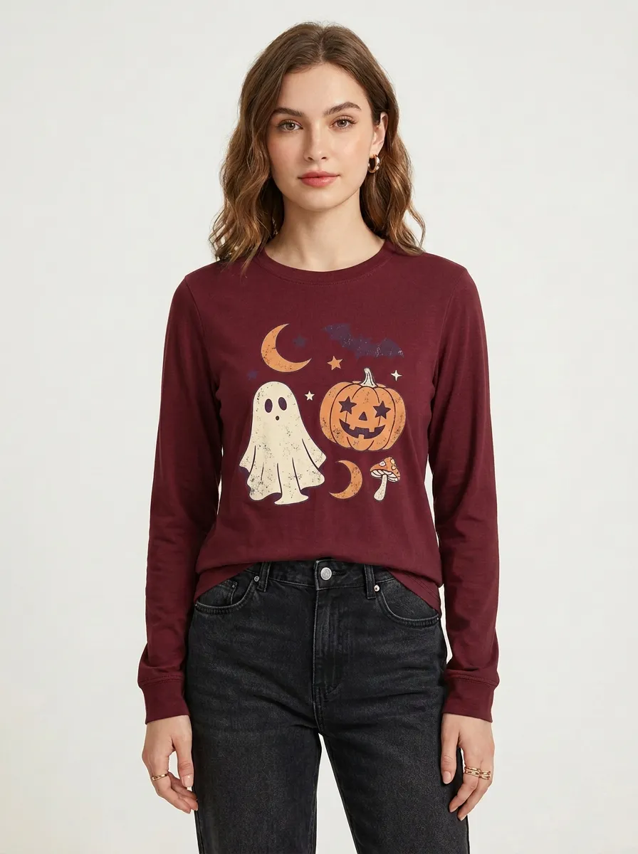 Women's Halloween Ghost Pumpkin Bat Mushroom Printed Long Sleeve T-shirt