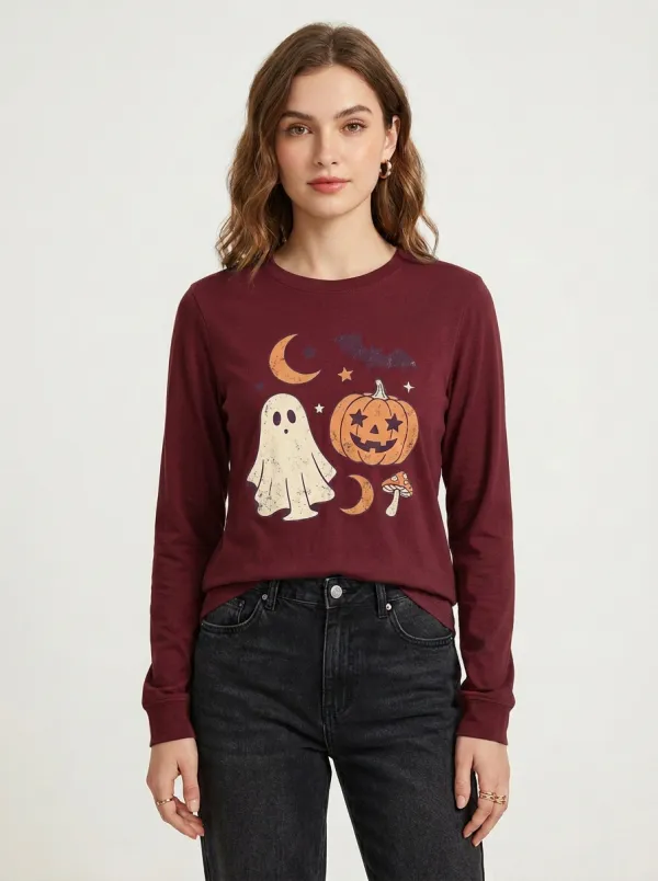 Women's Halloween Ghost Pumpkin Bat Mushroom Printed Long Sleeve T-shirt