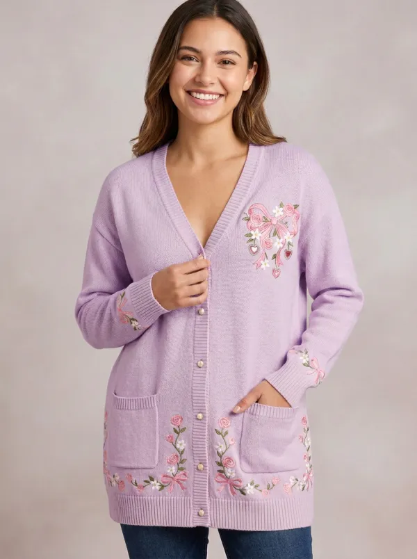 Women's Breast Cancer Awareness Pink Ribbon Floral Embroidered Cardigan