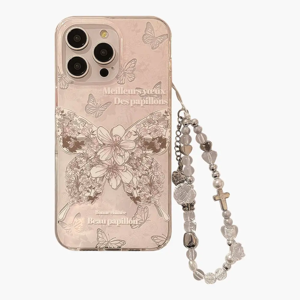 Floral Butterfly Wrist Strap Beaded Wristlet Phone Case