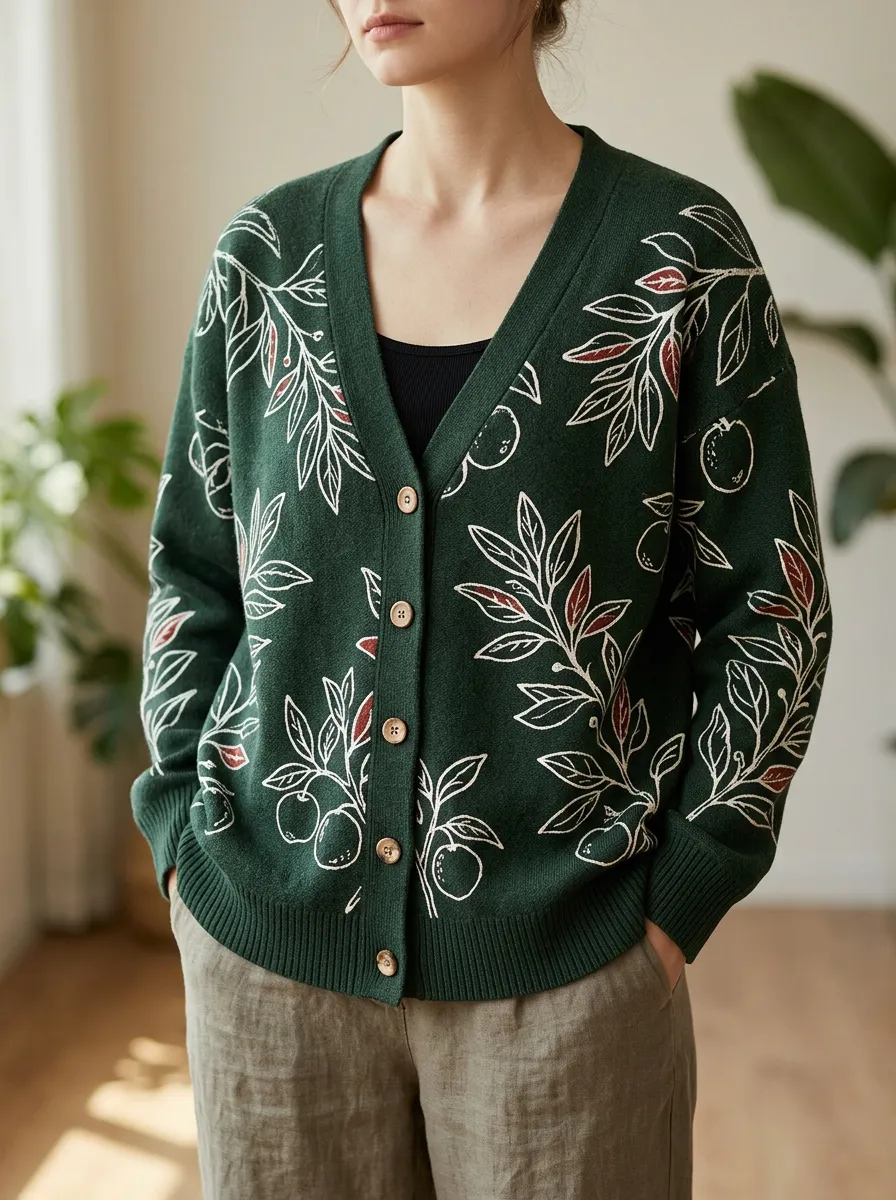Women's Botanical Fruit Branch Printed Cardigan