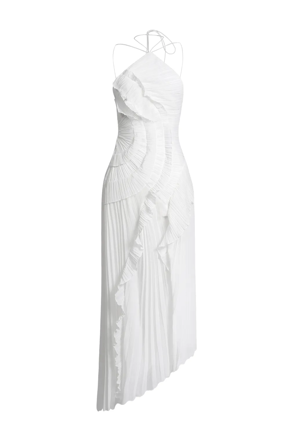 Pleated Frill Halter Neck Midi Dress