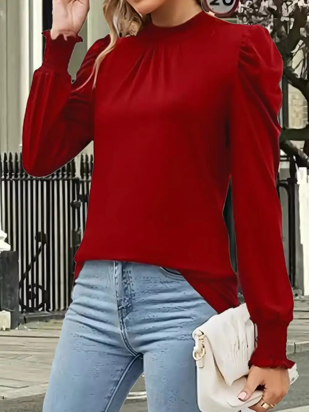 Mock Neck Puff Sleeve Blouse